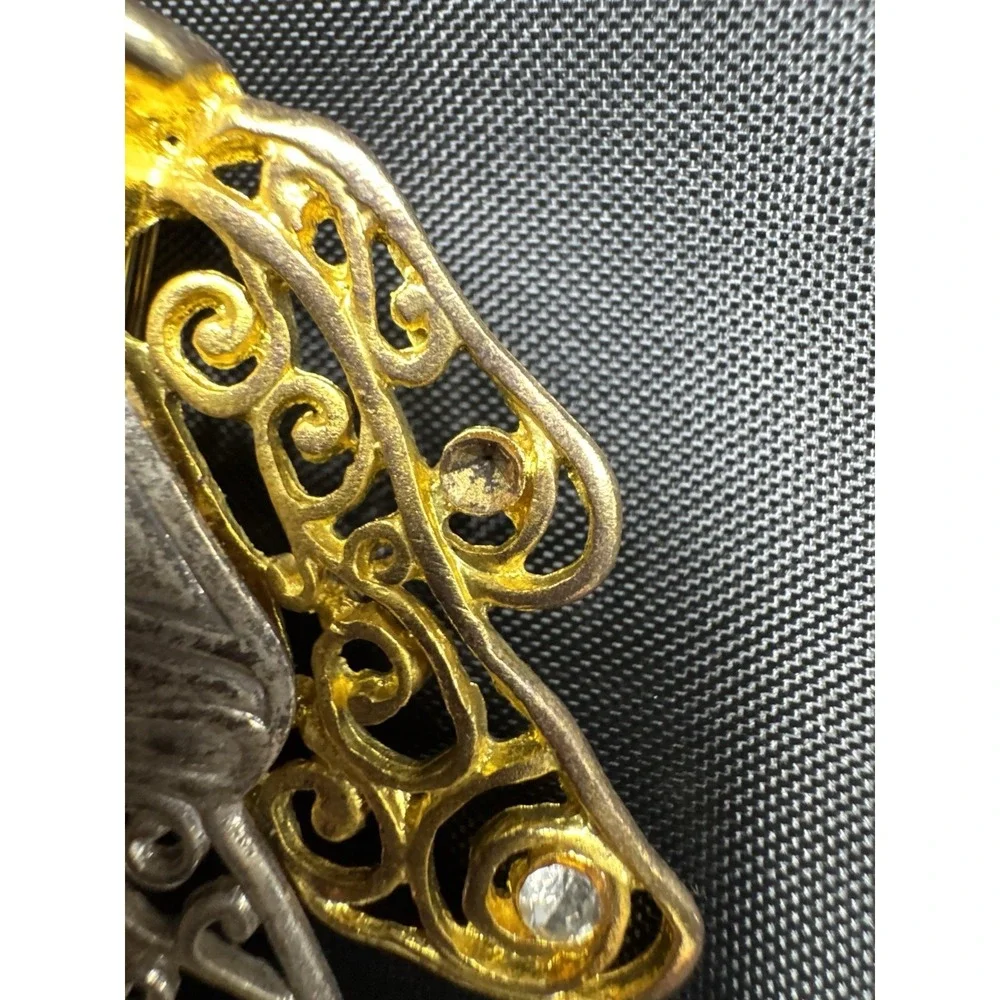 Vtg Large Silver & Gold Tone Filigree Angel Brooch Pin Rhinestones & Faux Pearl
